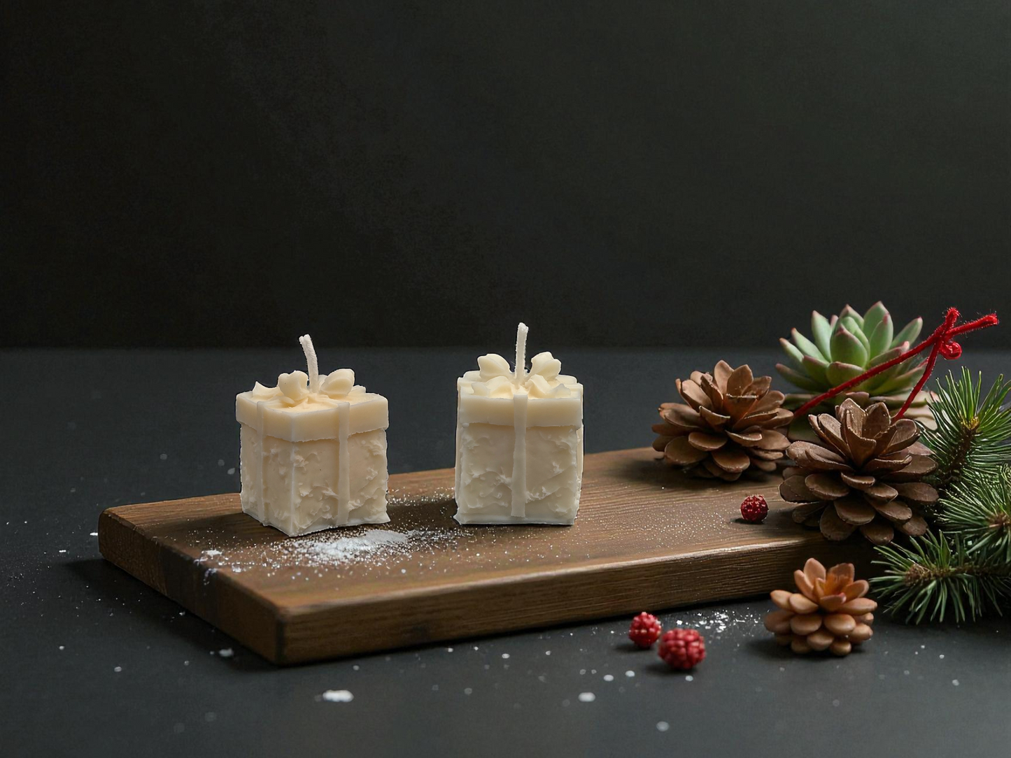 Two white gift-shaped candles on a wooden board with pine cones and berries on a dark background