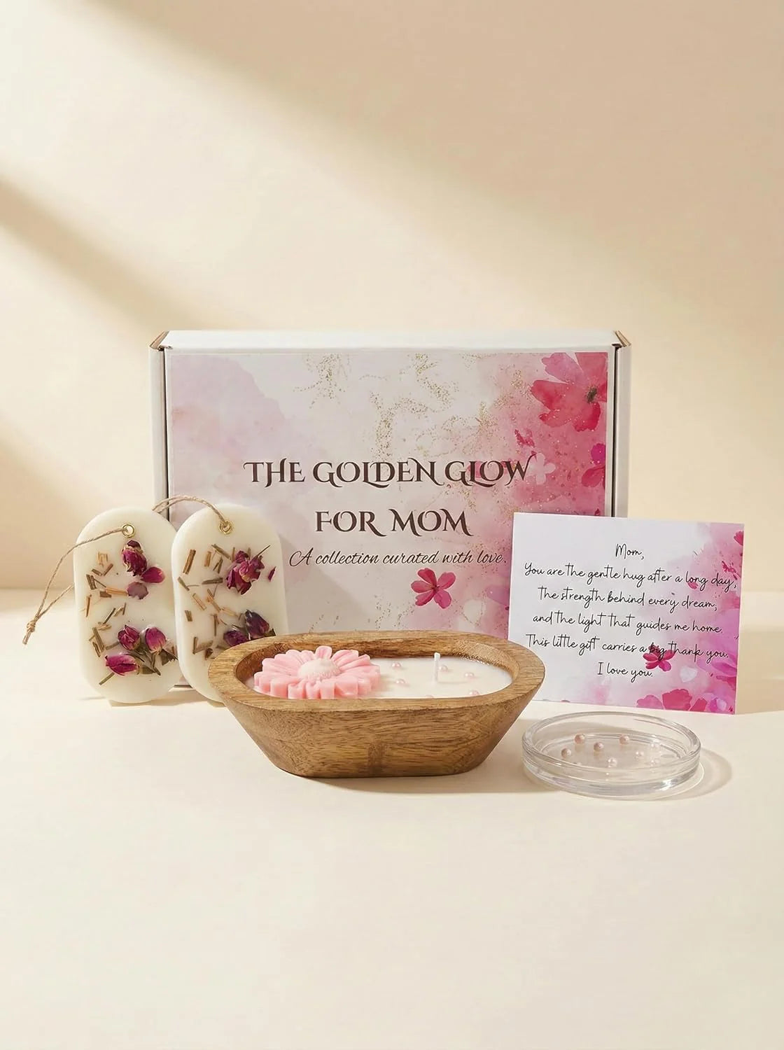 Gift set for mom with candle, card, and decorative items