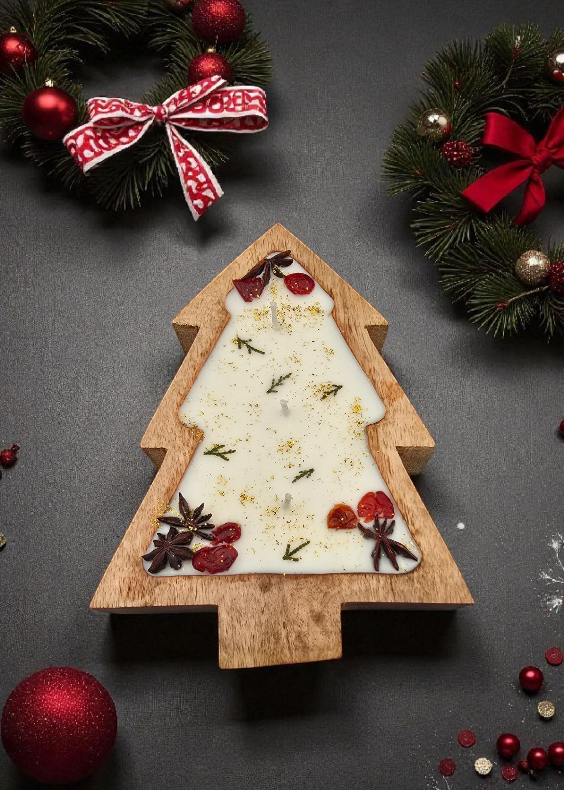Wooden Christmas tree decoration with decorative elements on a dark background