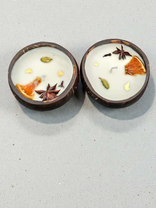 Two coconut shell candles with botanical elements on a light gray background