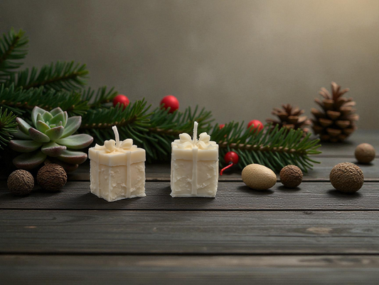 Two white square candles on a wooden surface with Christmas decorations including pine branches, berries, and pinecones.