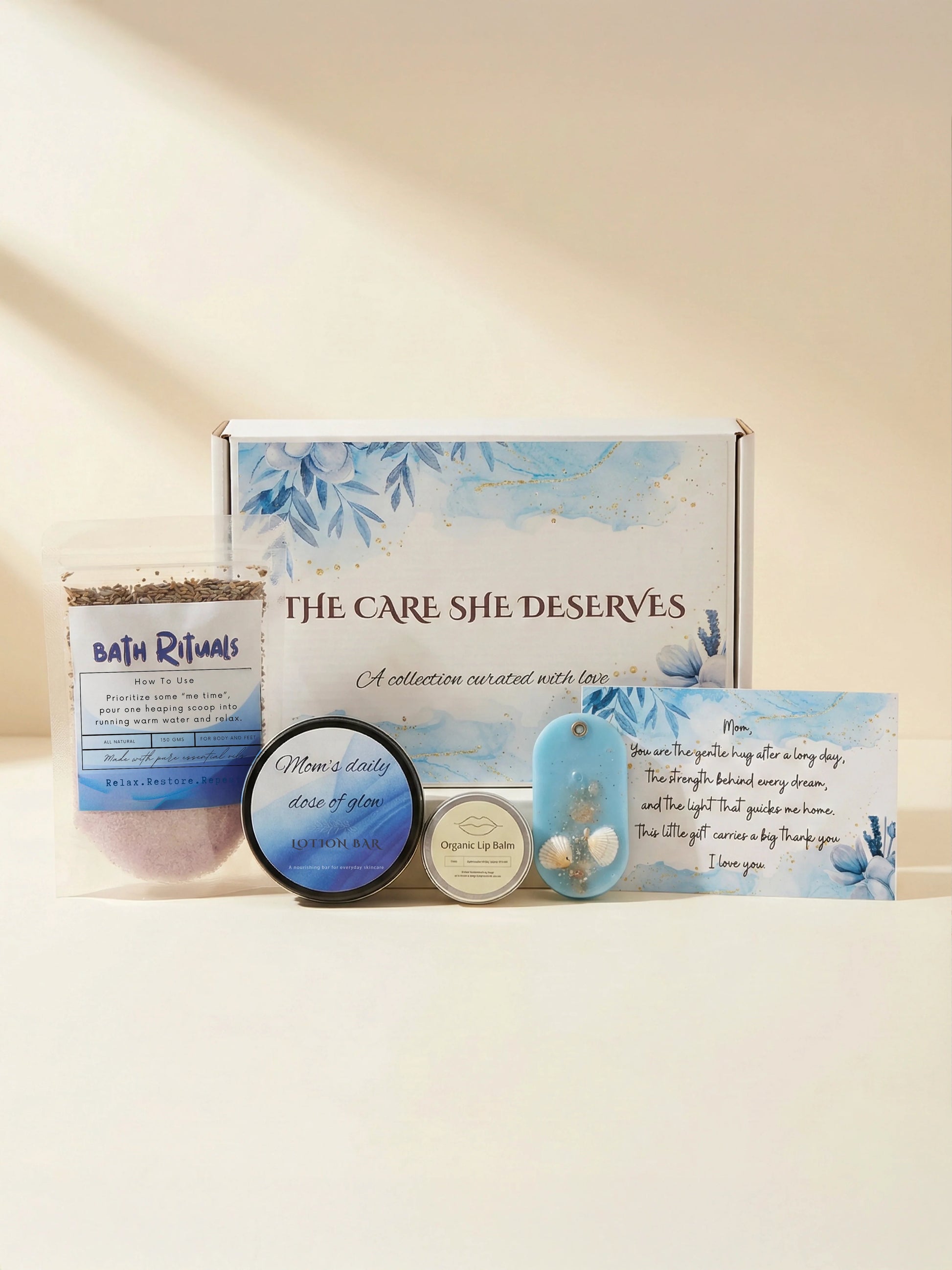 Gifting set with bath salts, candle, and card 